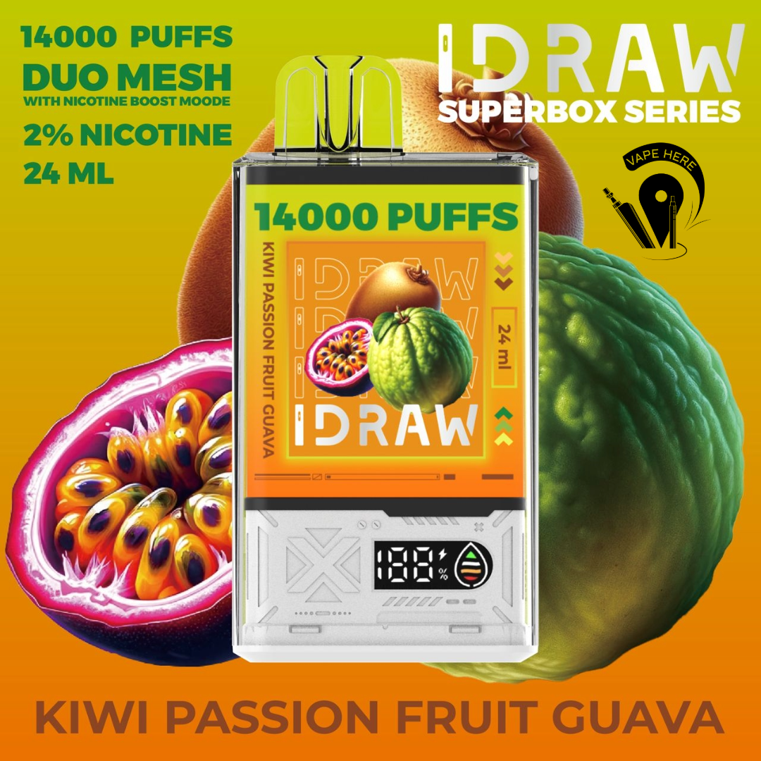 IDRAW SUPERBOX 14000 Puffs Disposable Vape Kiwi Passionfruit Guava UAE Ras Al Khaimah